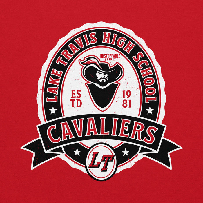 Close-up view of Lake Travis High School Cavaliers Red Classic Unisex Hoodie 212
