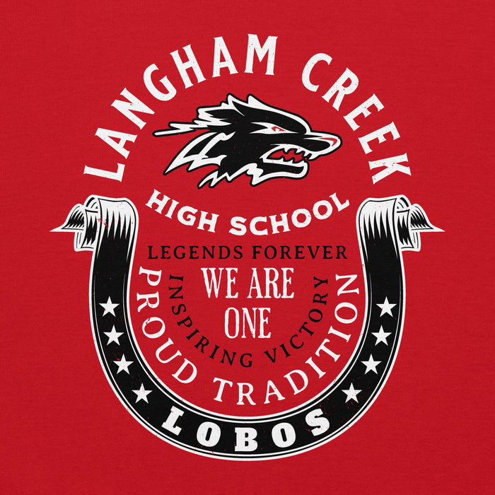 Close-up view of Langham Creek High School Lobos Red Classic Unisex Hoodie 229