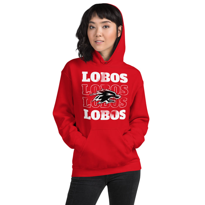 Woman wearing Langham Creek High School Lobos Red Classic Unisex Hoodie 233