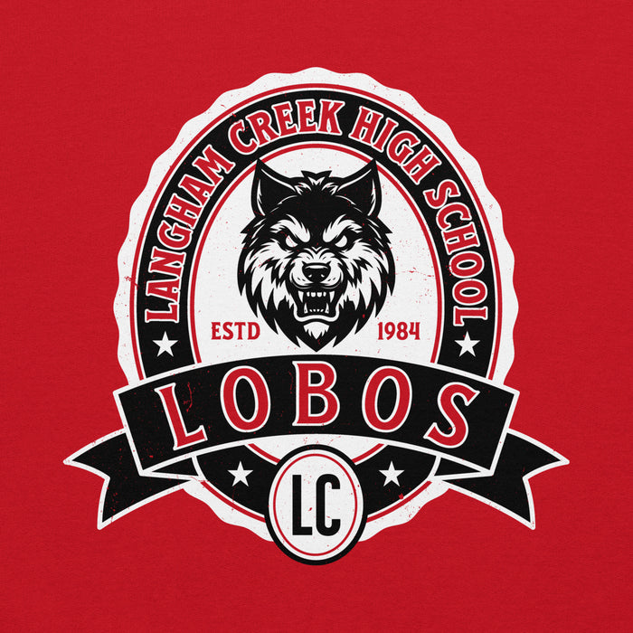 Close-up view of Langham Creek High School Lobos Red Classic Unisex Hoodie 212