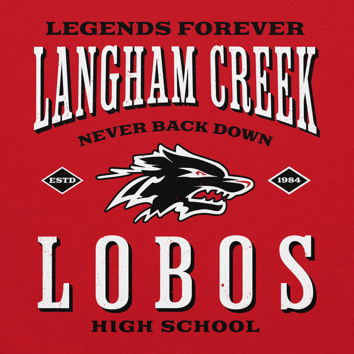 Close-up view of Langham Creek High School Lobos Red Classic Unisex Hoodie 230