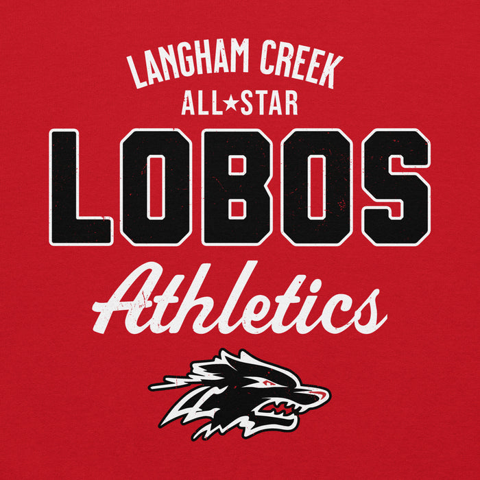 Back view of Langham Creek High School Lobos Red Classic Unisex Hoodie 034