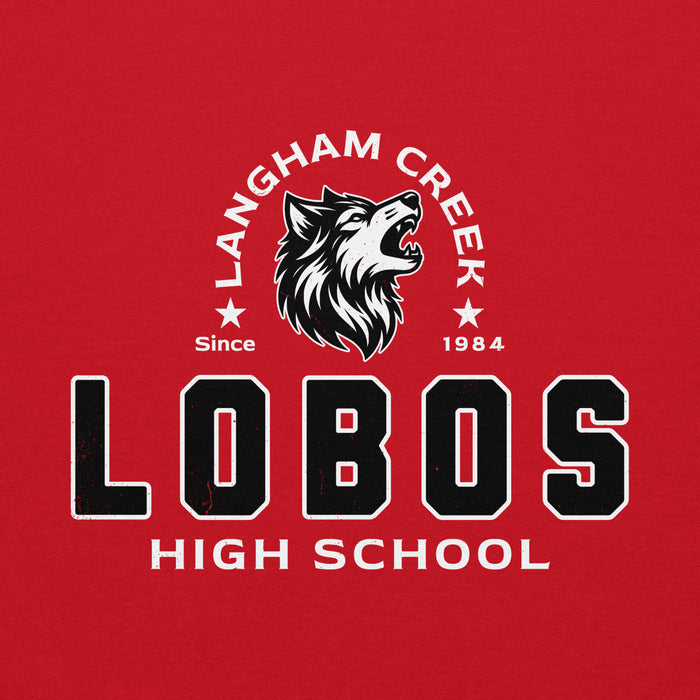 Close-up view of Langham Creek High School Lobos Red Classic Unisex Hoodie 222