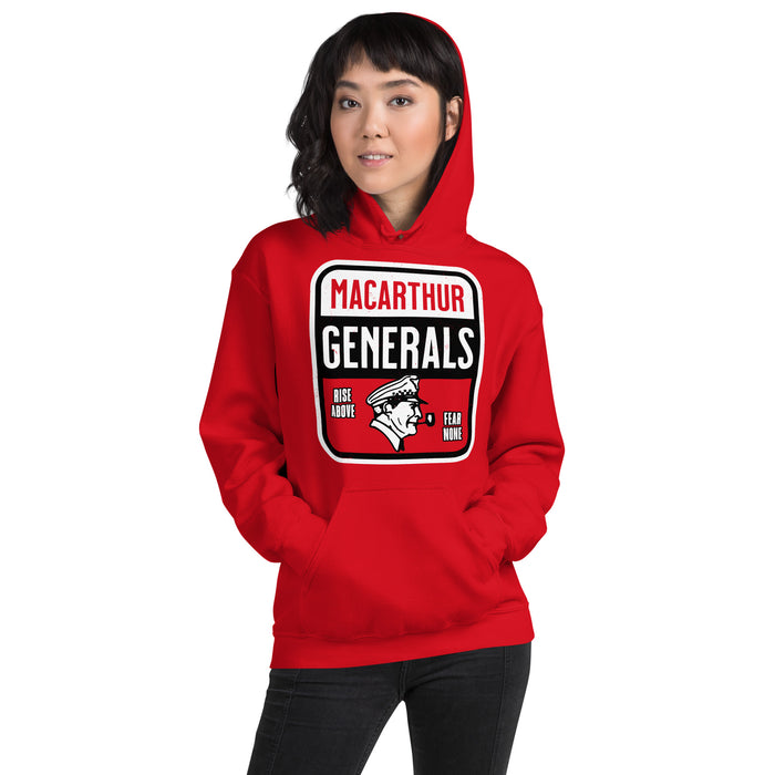 Woman wearing MacArthur High School Generals Red Classic Unisex Hoodie 001
