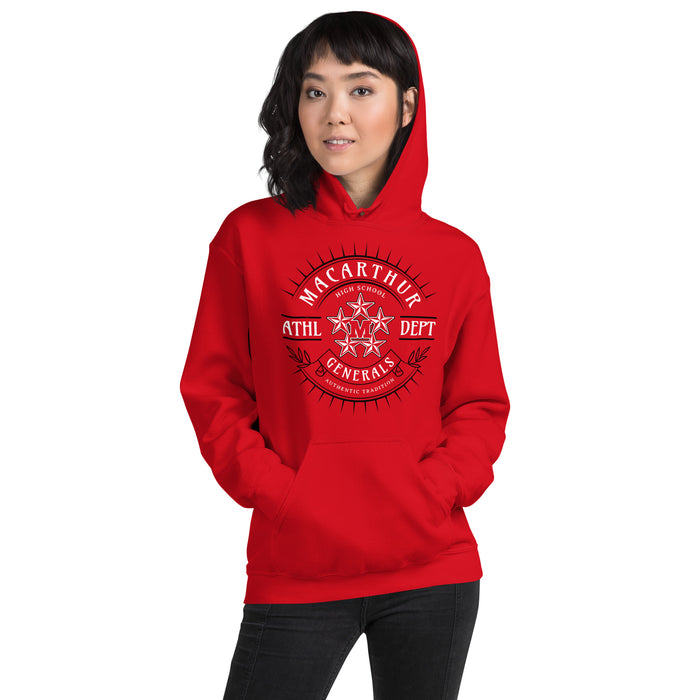 Woman wearing MacArthur High School Generals Red Classic Unisex Hoodie 201
