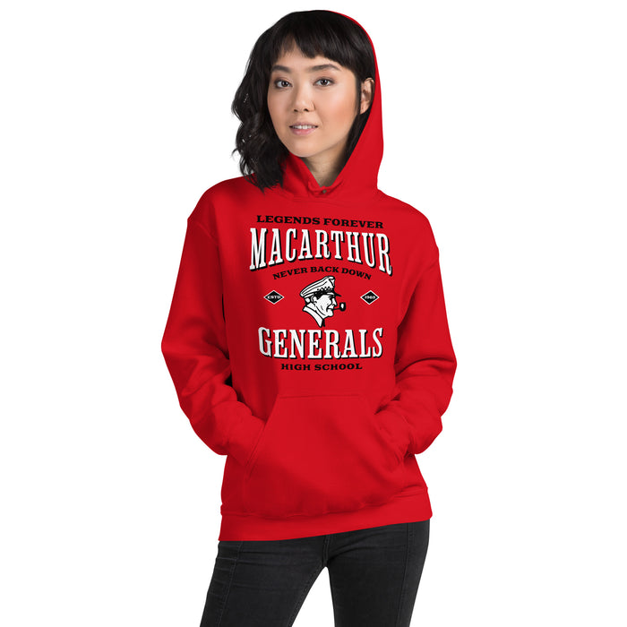 Woman wearing MacArthur High School Generals Red Classic Unisex Hoodie 230
