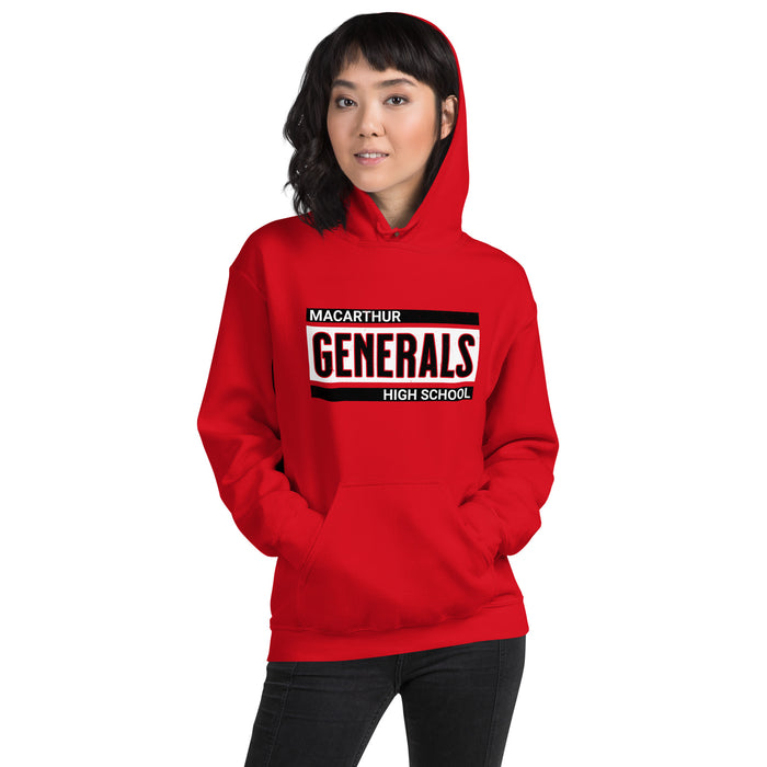 Woman wearing MacArthur High School Generals Red Classic Unisex Hoodie 098