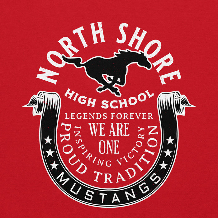 Close-up view of North Shore High School Mustangs Red Classic Unisex Hoodie 229