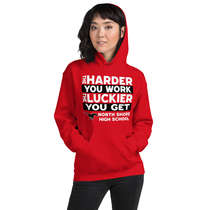 Woman wearing North Shore High School Mustangs Red Classic Unisex Hoodie 238