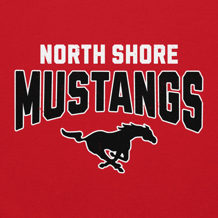 Close-up view of North Shore High School Mustangs Red Classic Unisex Hoodie 234