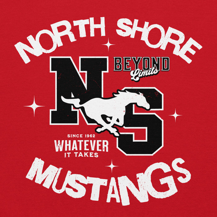 Close-up view of North Shore High School Mustangs Red Classic Unisex Hoodie 228