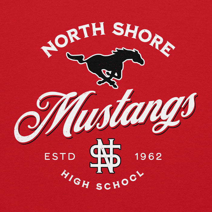 Close-up view of North Shore High School Mustangs Red Classic Unisex Hoodie 226