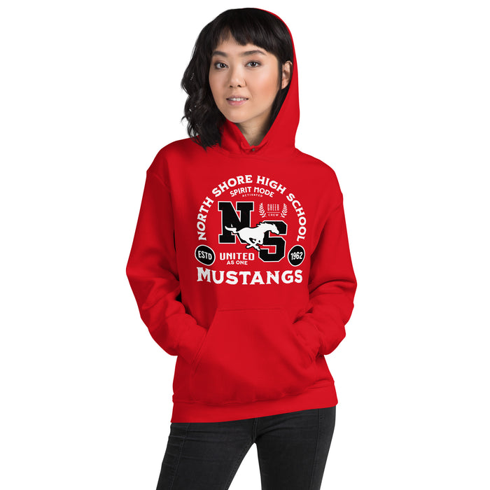 Woman wearing North Shore High School Mustangs Red Classic Unisex Hoodie 208