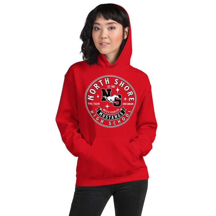 Woman wearing North Shore High School Mustangs Red Classic Unisex Hoodie 215
