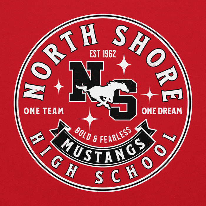 Close-up view of North Shore High School Mustangs Red Classic Unisex Hoodie 215