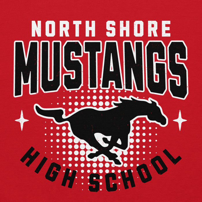 Close-up view of North Shore High School Mustangs Red Classic Unisex Hoodie 204