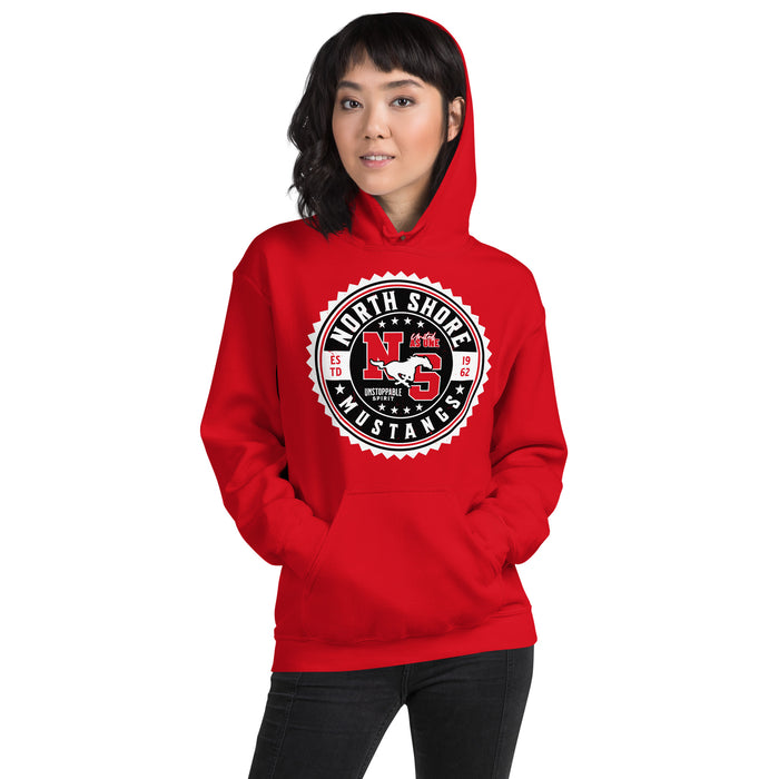 Woman wearing North Shore High School Mustangs Red Classic Unisex Hoodie 203