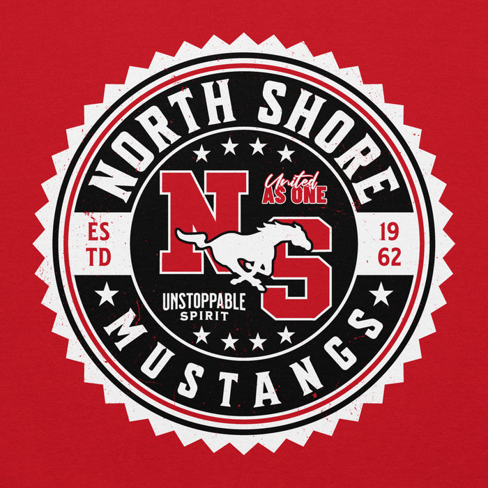Close-up view of North Shore High School Mustangs Red Classic Unisex Hoodie 203