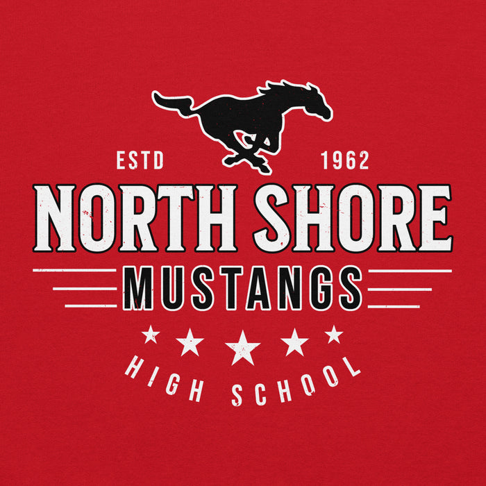 Close-up view of North Shore High School Mustangs Red Classic Unisex Hoodie 217