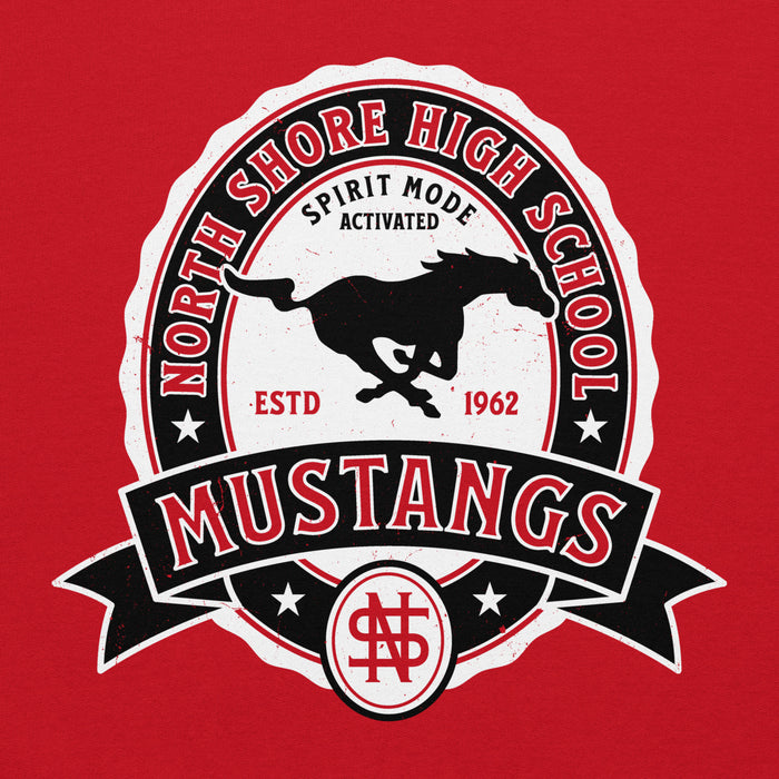 Close-up view of North Shore High School Mustangs Red Classic Unisex Hoodie 212