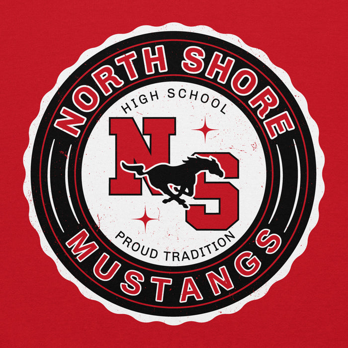 Close-up view of North Shore High School Mustangs Red Classic Unisex Hoodie 216