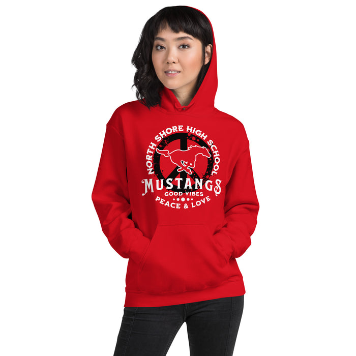 Woman wearing North Shore High School Mustangs Red Classic Unisex Hoodie 206