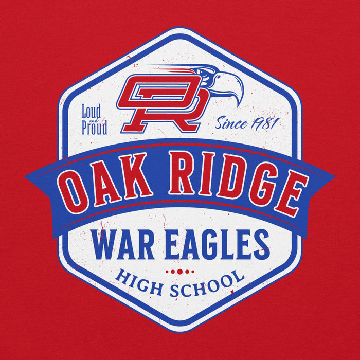 Close-up view of Oak Ridge High School War Eagles Red Classic Unisex Hoodie 209