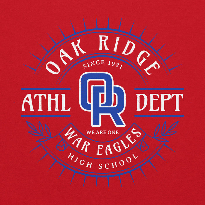 Close-up view of Oak Ridge High School War Eagles Red Classic Unisex Hoodie 201