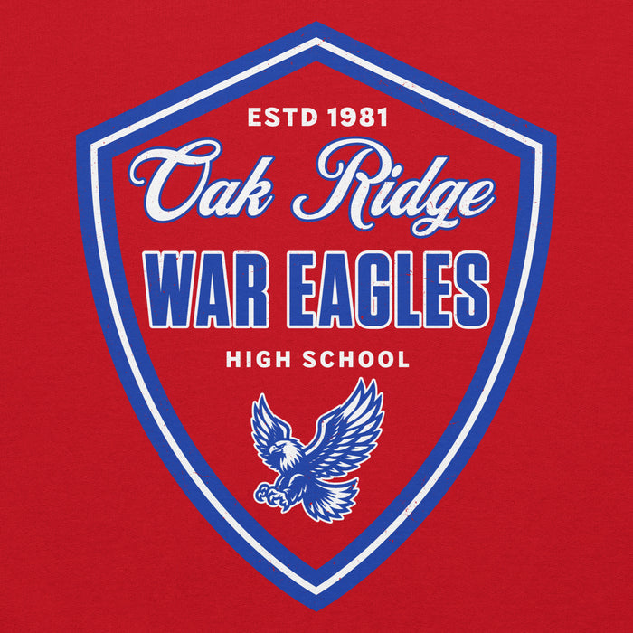 Close-up view of Oak Ridge High School War Eagles Red Classic Unisex Hoodie 225