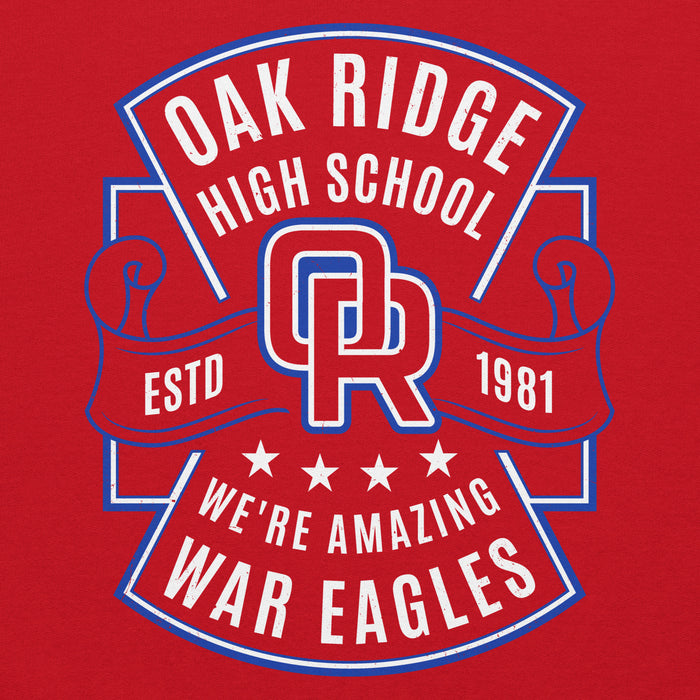 Close-up view of Oak Ridge High School War Eagles Red Classic Unisex Hoodie 207