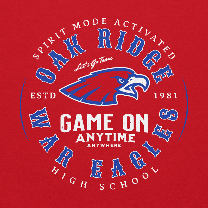 Close-up view of Oak Ridge High School War Eagles Red Classic Unisex Hoodie 214