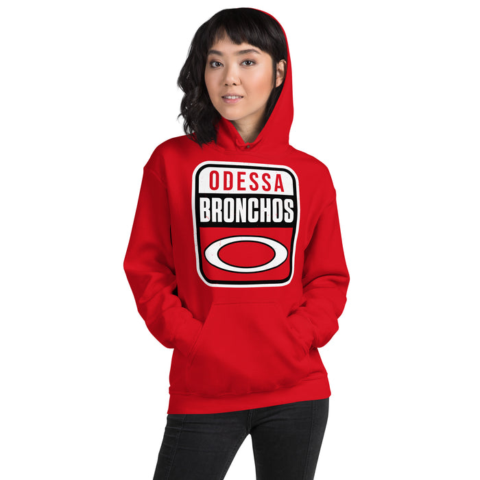 Woman wearing Odessa High School Bronchos Red Classic Unisex Hoodie 001