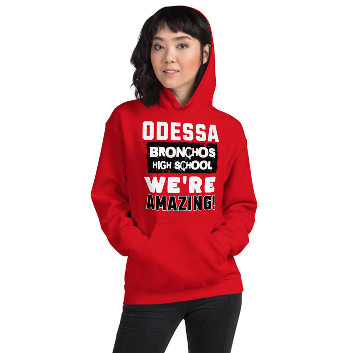 Woman wearing Odessa High School Bronchos Red Classic Unisex Hoodie 231