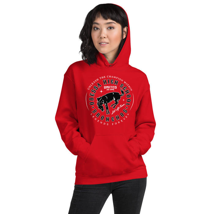 Woman wearing Odessa High School Bronchos Red Classic Unisex Hoodie 214