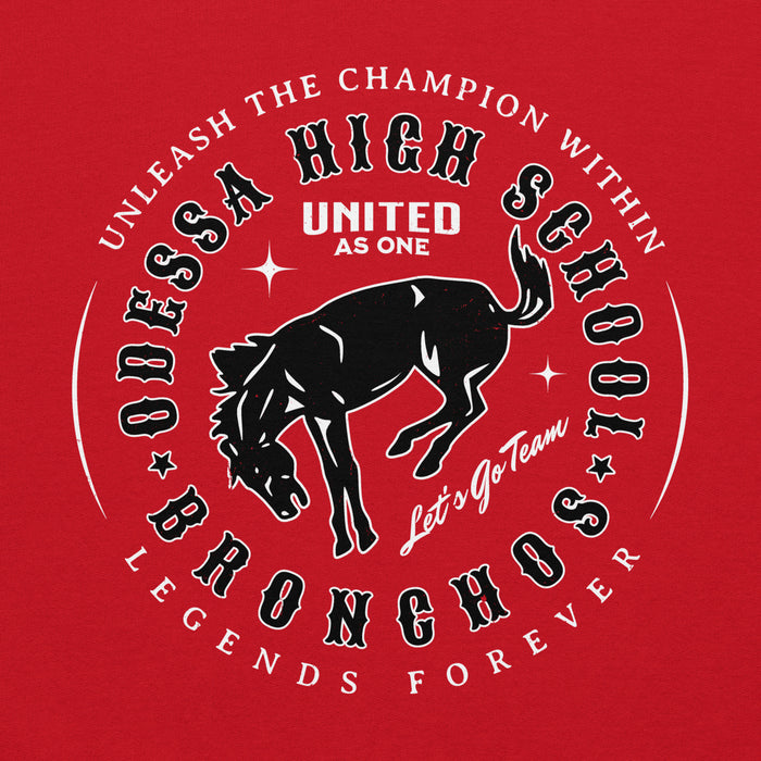 Close-up view of Odessa High School Bronchos Red Classic Unisex Hoodie 214