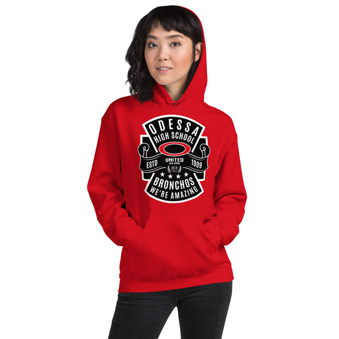 Woman wearing Odessa High School Bronchos Red Classic Unisex Hoodie 207