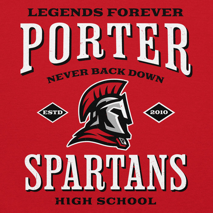 Close-up view of Porter High School Spartans Red Classic Unisex Hoodie 230