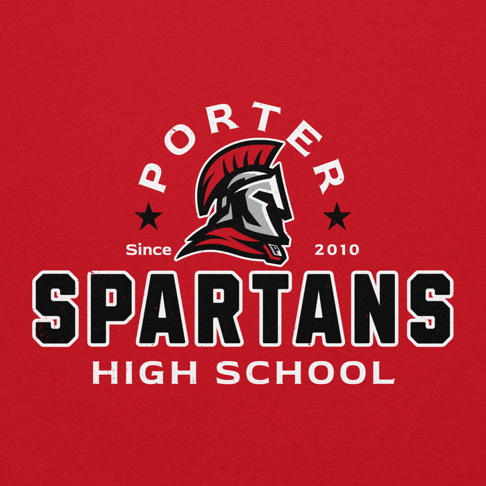 Red classic hoodie with 'Porter Spartans High School' logo featuring a Spartan helmet. - design 222