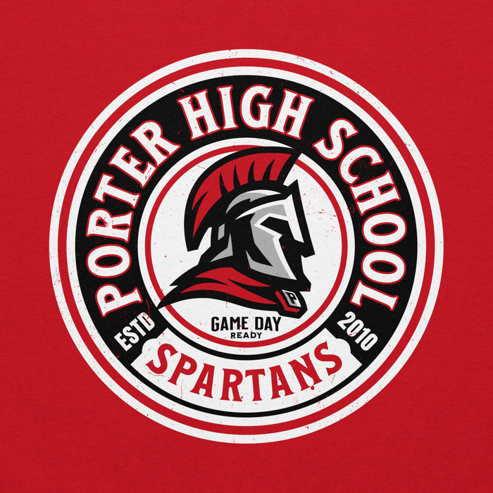 Porter High School Spartans logo on a red background - classic hoodie design 220