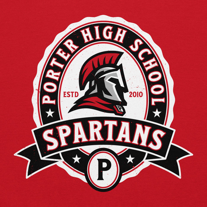 Close-up view of Porter High School Spartans Red Classic Unisex Hoodie 212