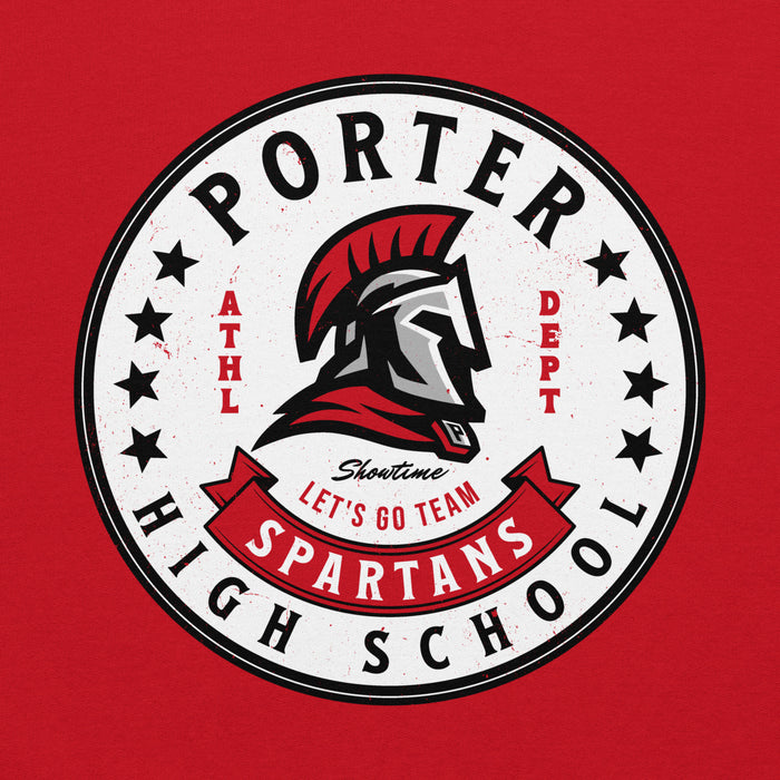 Close-up view of Porter High School Spartans Red Classic Unisex Hoodie 215