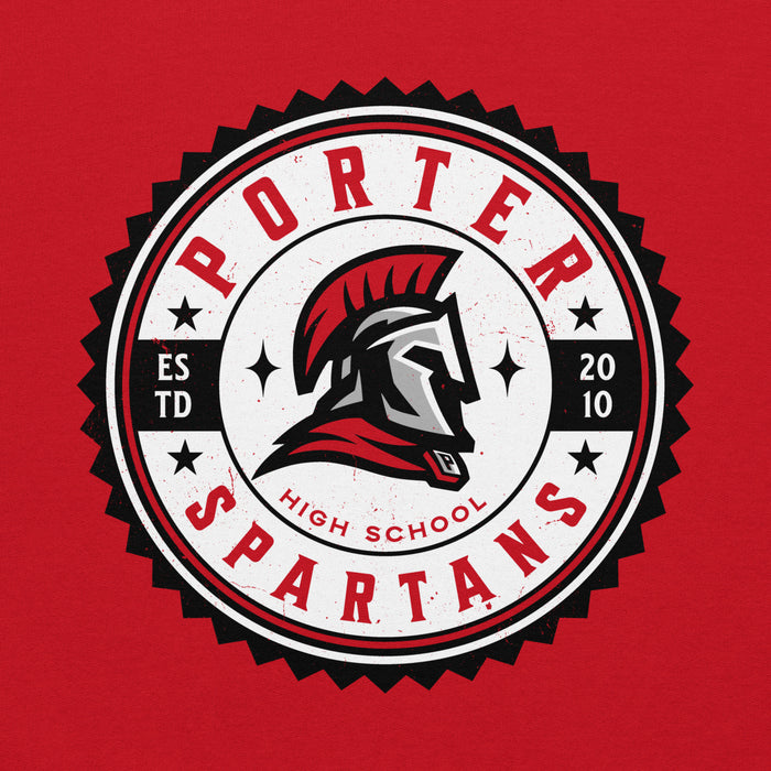 Close-up view of Porter High School Spartans Red Classic Unisex Hoodie 203