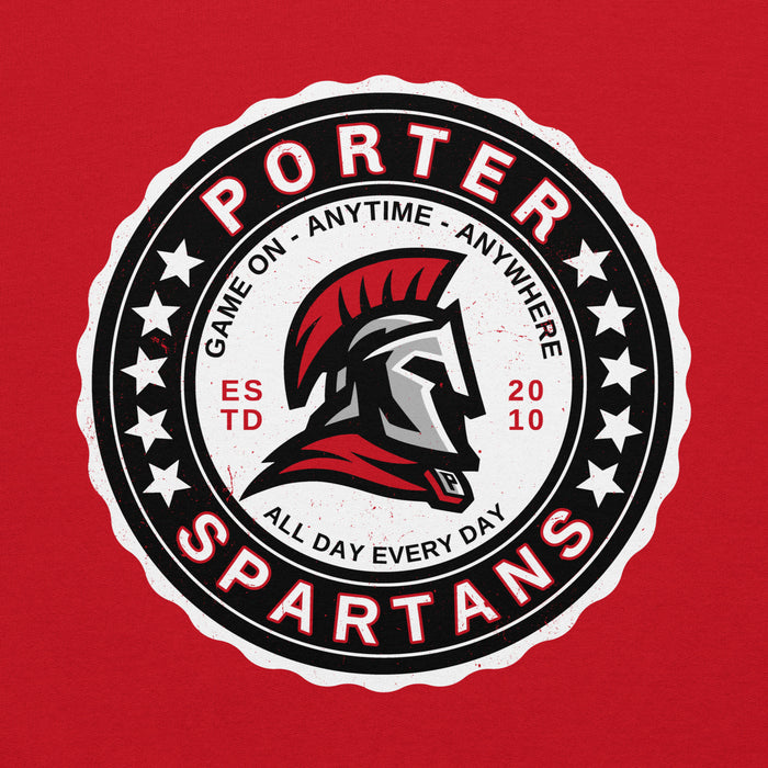Close-up view of Porter High School Spartans Red Classic Unisex Hoodie 216