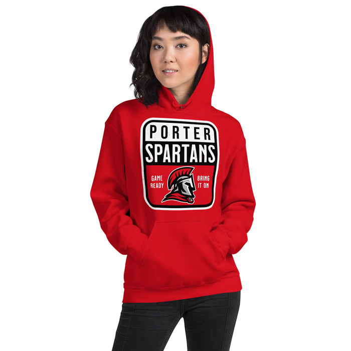 Woman wearing Porter High School Spartans Red Classic Unisex Hoodie 001