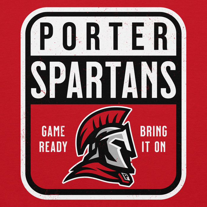Close-up view of Porter High School Spartans Red Classic Unisex Hoodie 001