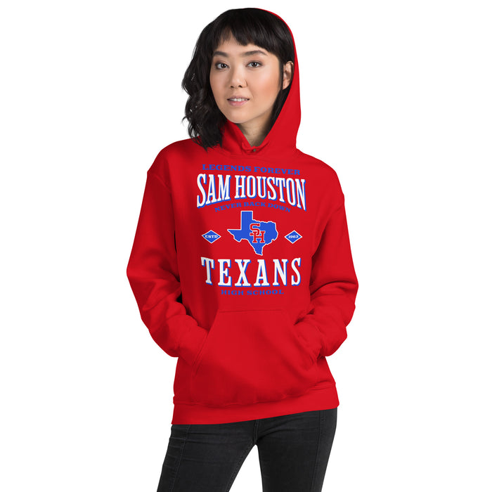 Woman wearing Sam Houston High School Texans Red Classic Unisex Hoodie 230