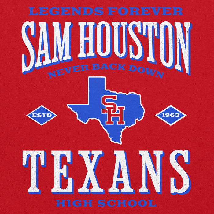 Close-up view of Sam Houston High School Texans Red Classic Unisex Hoodie 230