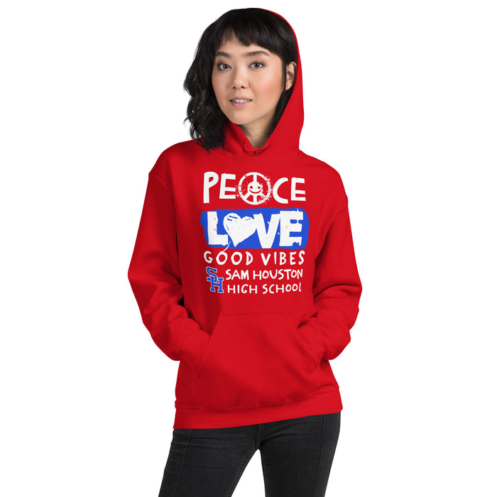 Woman wearing Sam Houston High School Texans Red Classic Unisex Hoodie 240