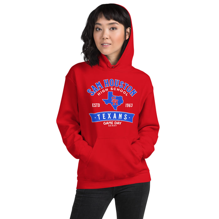 Woman wearing Sam Houston High School Texans Red Classic Unisex Hoodie 221