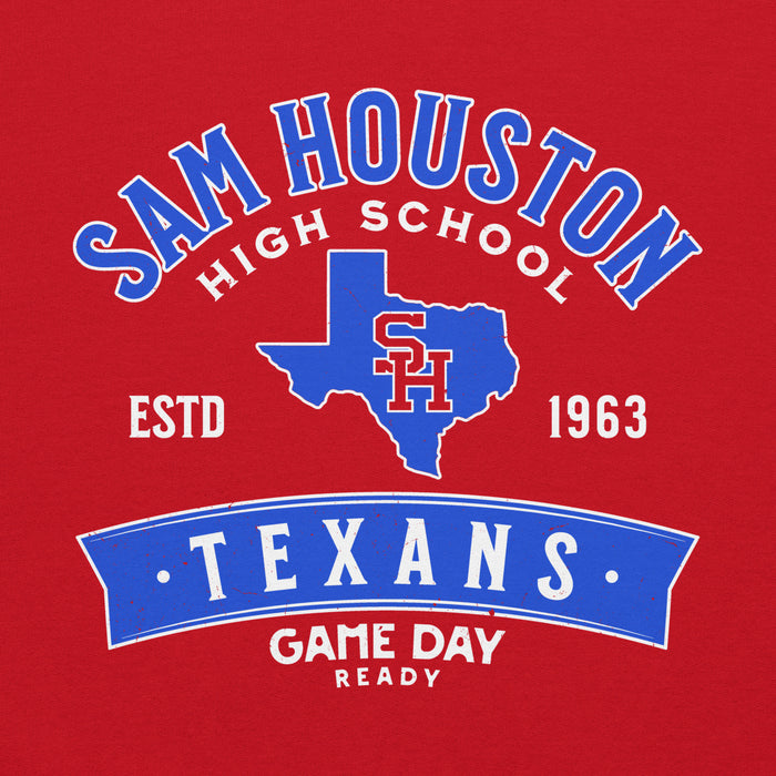 Close-up view of Sam Houston High School Texans Red Classic Unisex Hoodie 221